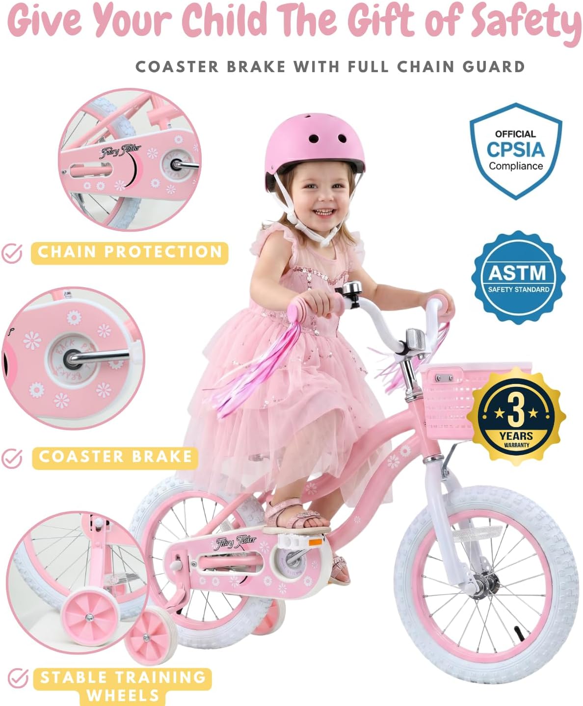 Detalle 2 de Bicystar Girls Bike for Kids Ages 2–5, 12/14/16/18 Inch Pink Bicycle with Training Wheels, Basket & Streamers