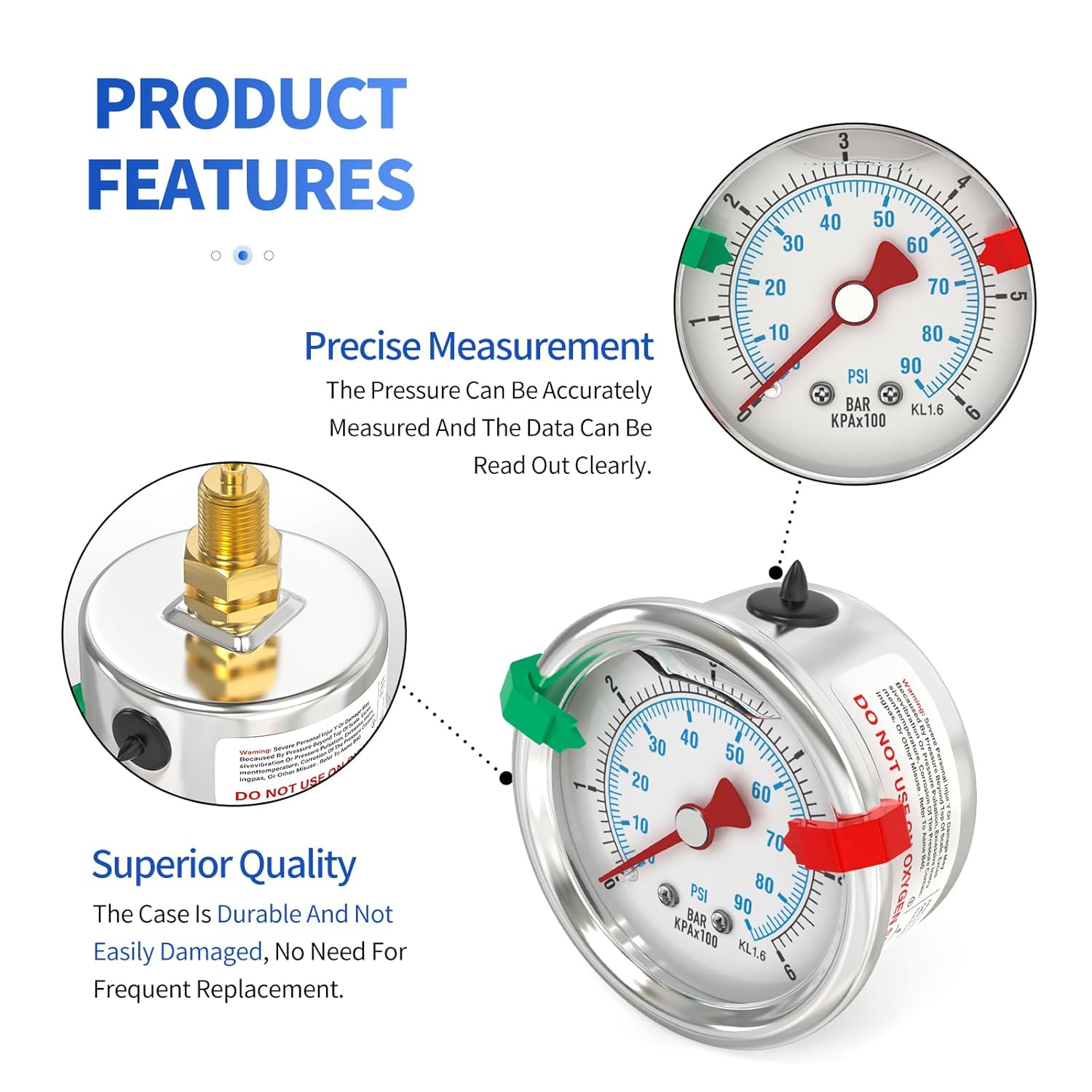 Detalle de ERGAOBOY 0–6 Bar / 0–90 psi Liquid-Filled Stainless Steel Pressure Gauge (1/8" BSP, 1.5" dial)