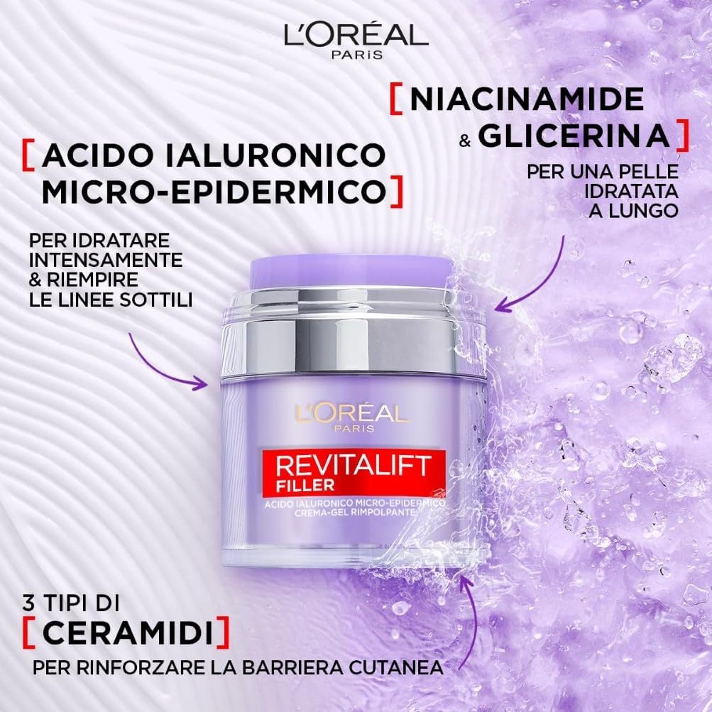 Detalle de L'Oréal Paris Revitalift Filler Crema-Gel Rimpolpante all'Acido Ialuronico Micro-Epidermico 50 ml