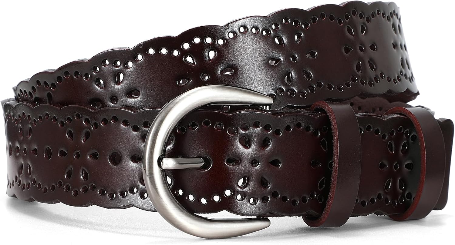 Detalle de JasGood Damen Ledergürtel mit hohlem Blumendesign – Dornschließe, 5 Größen, 4 Farben