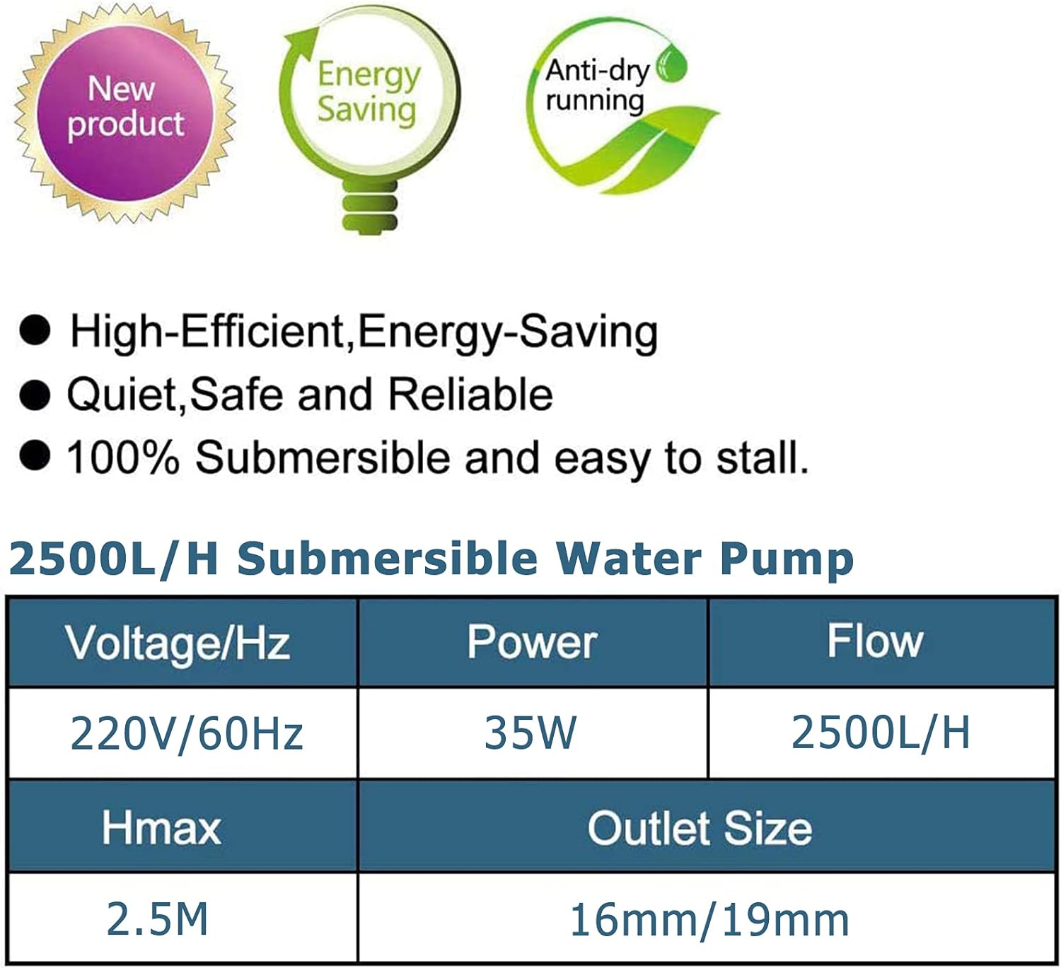 Thumbnail 2 de LNIDEAS Aquarium Tauchpumpe 2500 L/H, 35 W – leise, einstellbar, 2 Düsen, ideal für Aquarien und Becken
