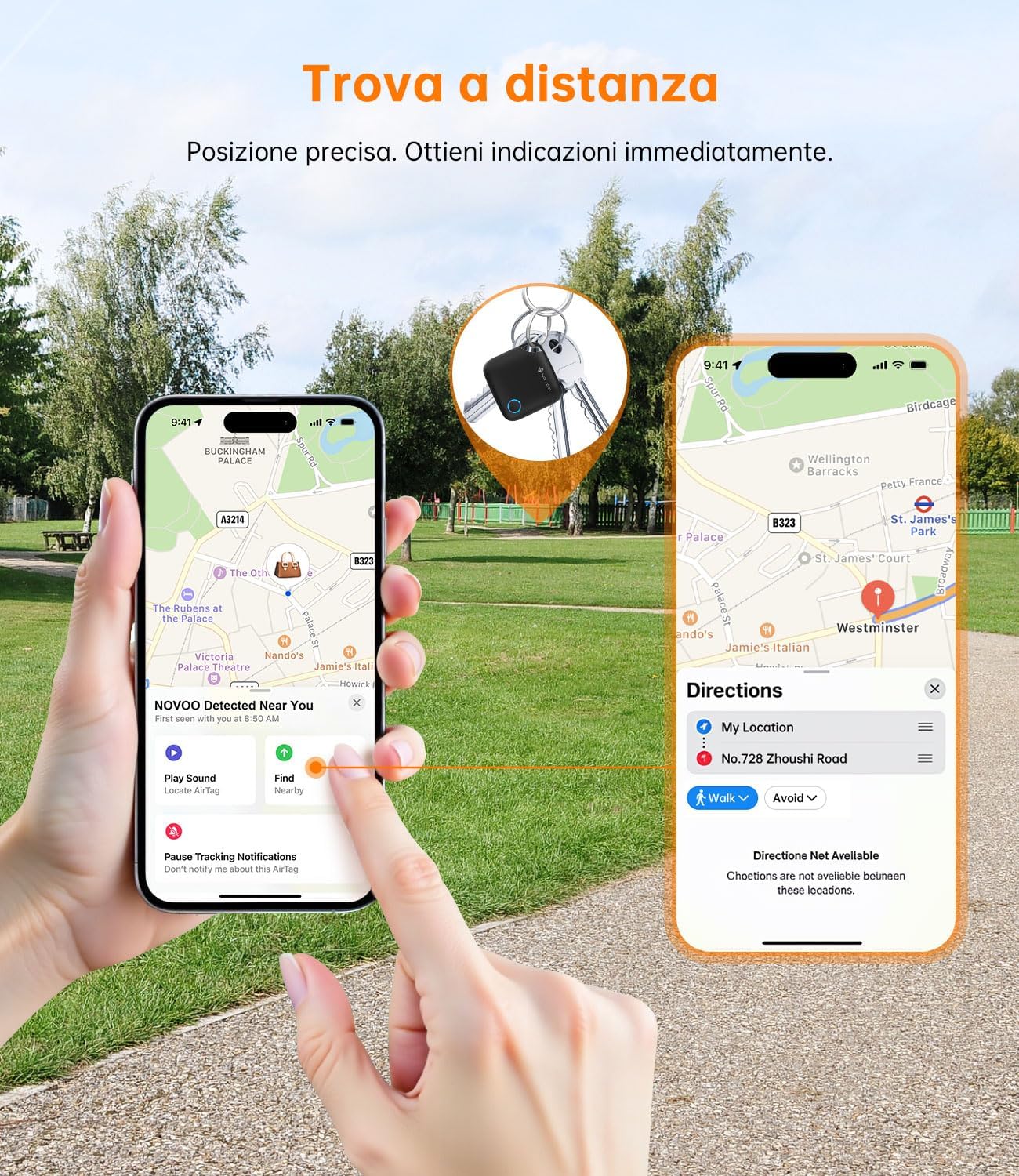 Detalle de NOVOO Smart Tag con Apple Find My (Solo iOS) – 4 pezzi, allarme 80 dB, batteria sostituibile CR2032