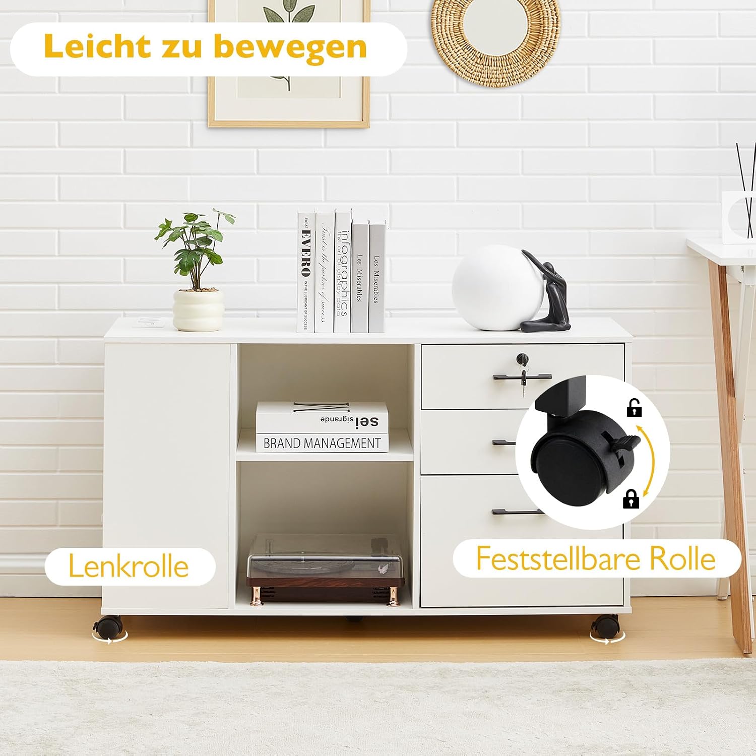 Thumbnail 4 de CLIPOP Rollcontainer abschließbar mit 5 Rollen, 3 Schubladen und Steckdose – mobiler Bürocontainer für Büro & Zuhause, weiß