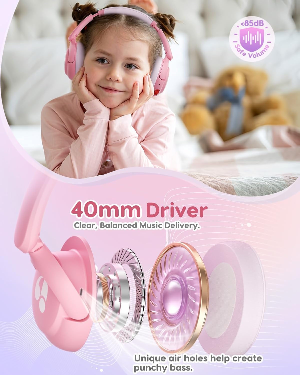 Thumbnail 1 de awatrue Kids Bluetooth Headphones (85dB Volume Limiter) — Foldable Over-Ear Wireless for iPad & Travel, Pink