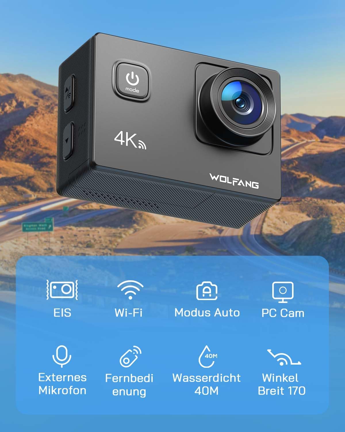 Detalle 2 de WOLFANG GA100 Action Cam 4K (20 MP) Unterwasserkamera mit WiFi, EIS-Stabilisator, Helmkamera 170°-Weitwinkel
