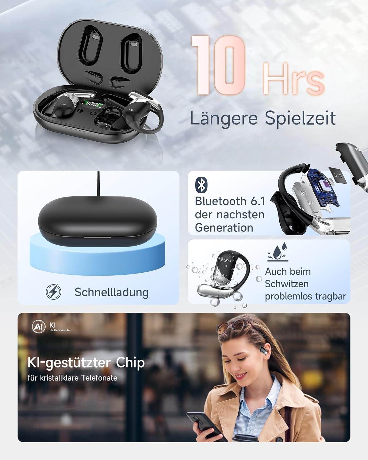 Detalle de Offene Ohr Kabellose Ohrhörer – Sport Bluetooth mit Echtzeitübersetzung, 80 Stunden Akkulaufzeit, IP55, Open-Ear-Design (Schwarz)