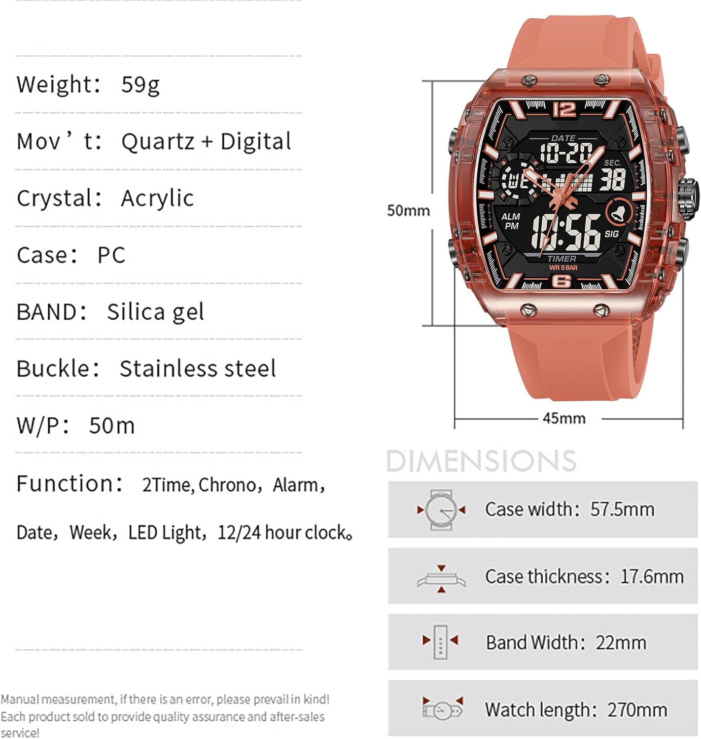 Detalle 2 de findtime Herren Uhr – Tonneau/Rectangle Stylische Armbanduhr mit Alarm, Stoppuhr, Kalender und Dualzeit