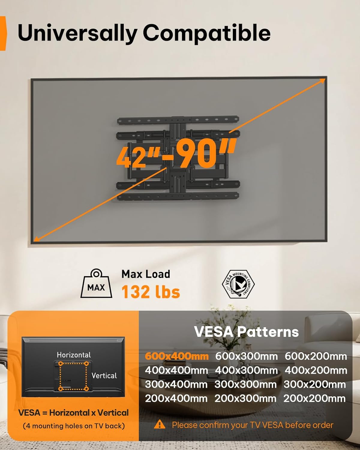 Thumbnail 1 de Perlegear Ultra Slim TV Wall Mount (1.1" Low Profile) Full Motion for 42–90" TVs, VESA 200x200–600x400, 132 lb Capacity