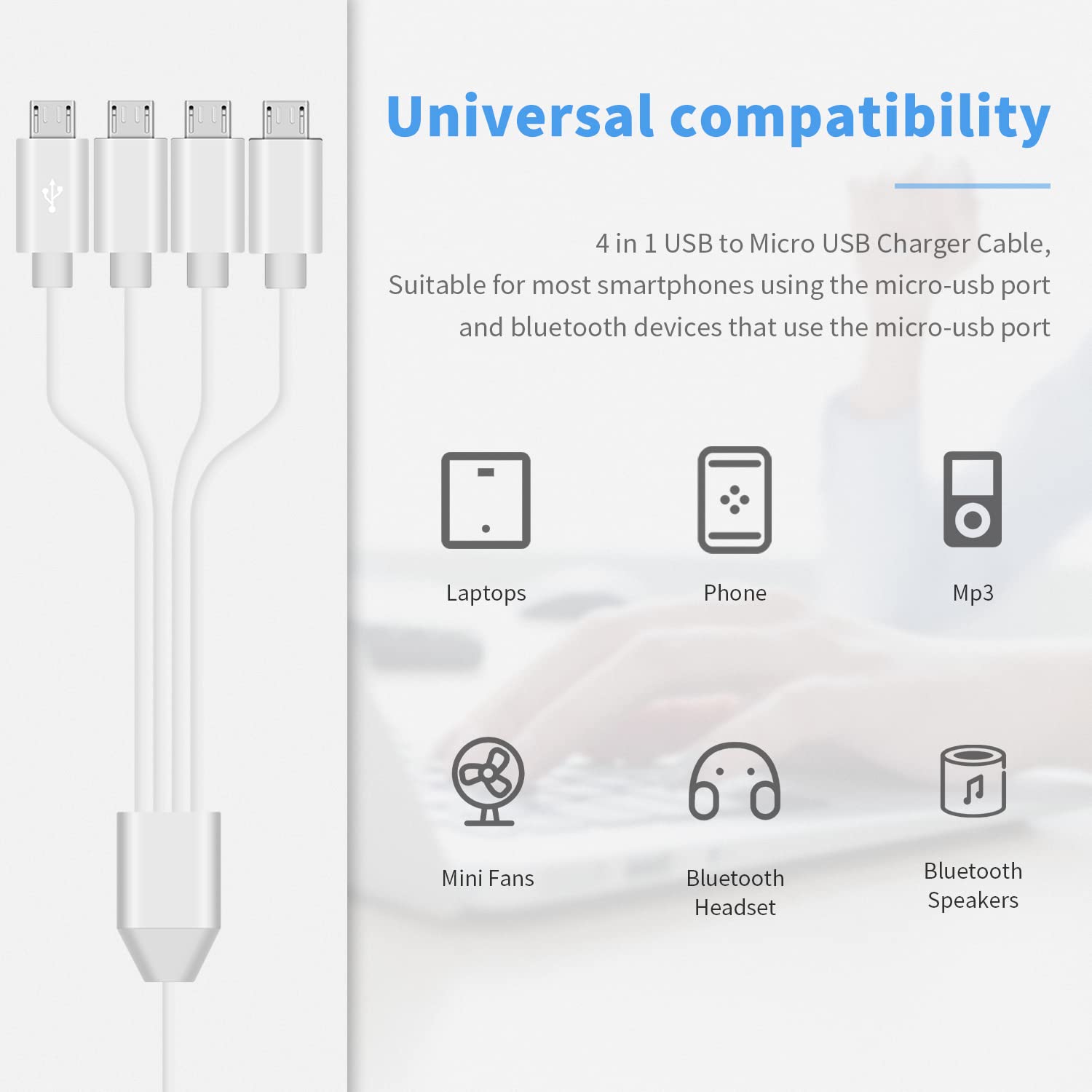 Detalle de Duttek 4-in-1 USB Micro USB Charger Cable — 50cm, USB 2.0, 4 Micro USB Ports with 1 Data-Transfer Line