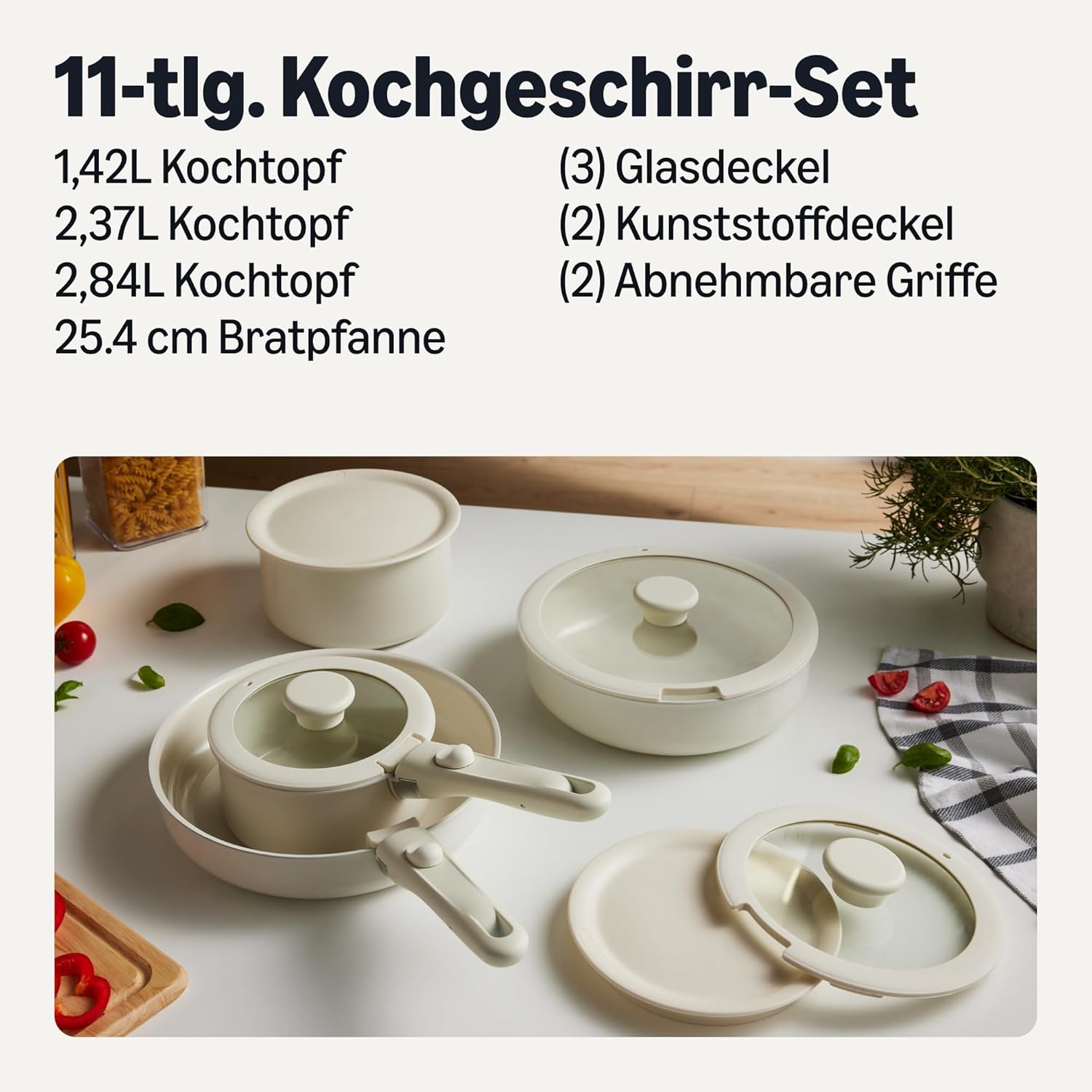 Detalle de Amazon Basics 11-teiliges stapelbares Antihaft-Keramikkochgeschirr-Set mit abnehmbaren Griffen – Leinengrau