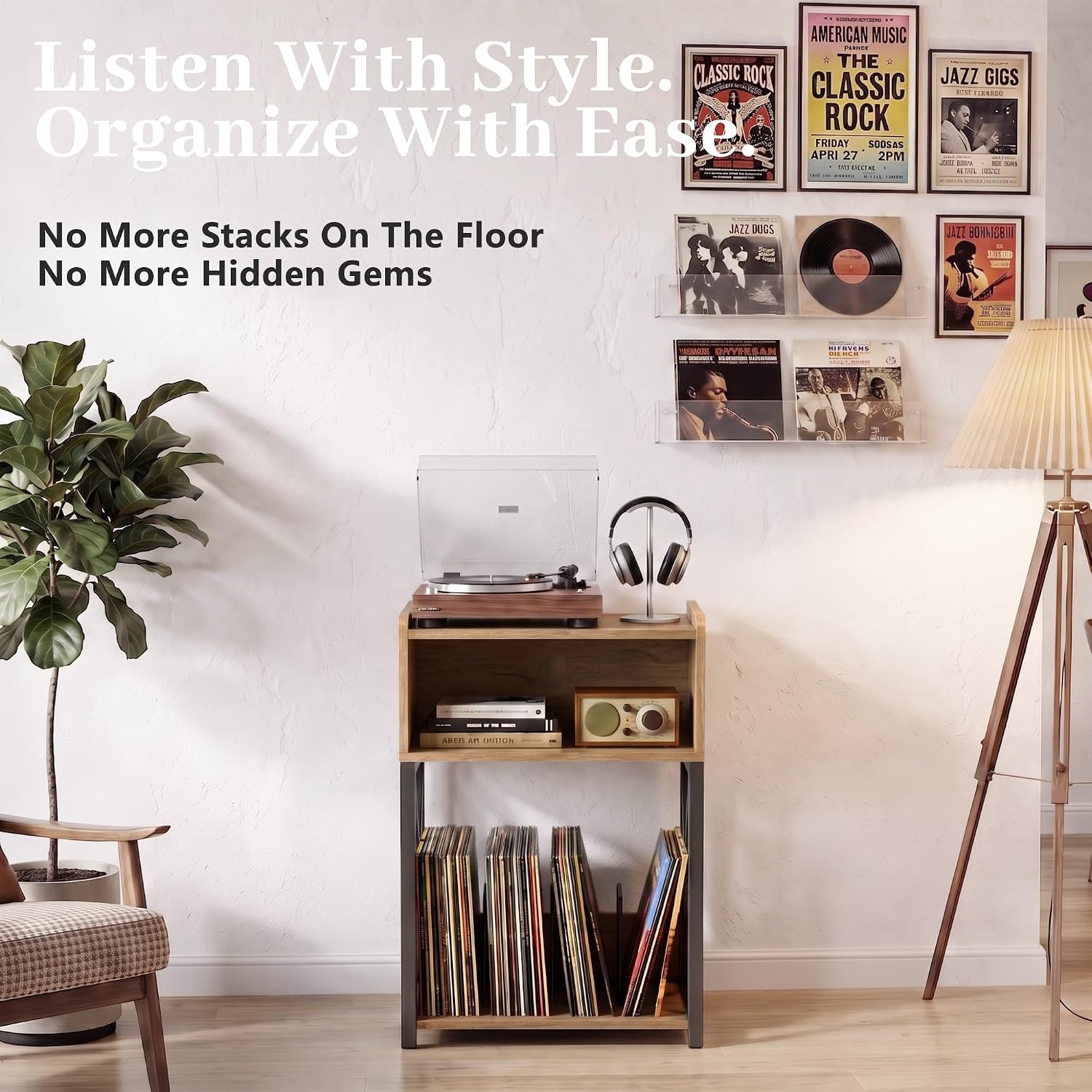 Detalle 2 de MECHYIN Record Player Stand with 3-Tier Storage