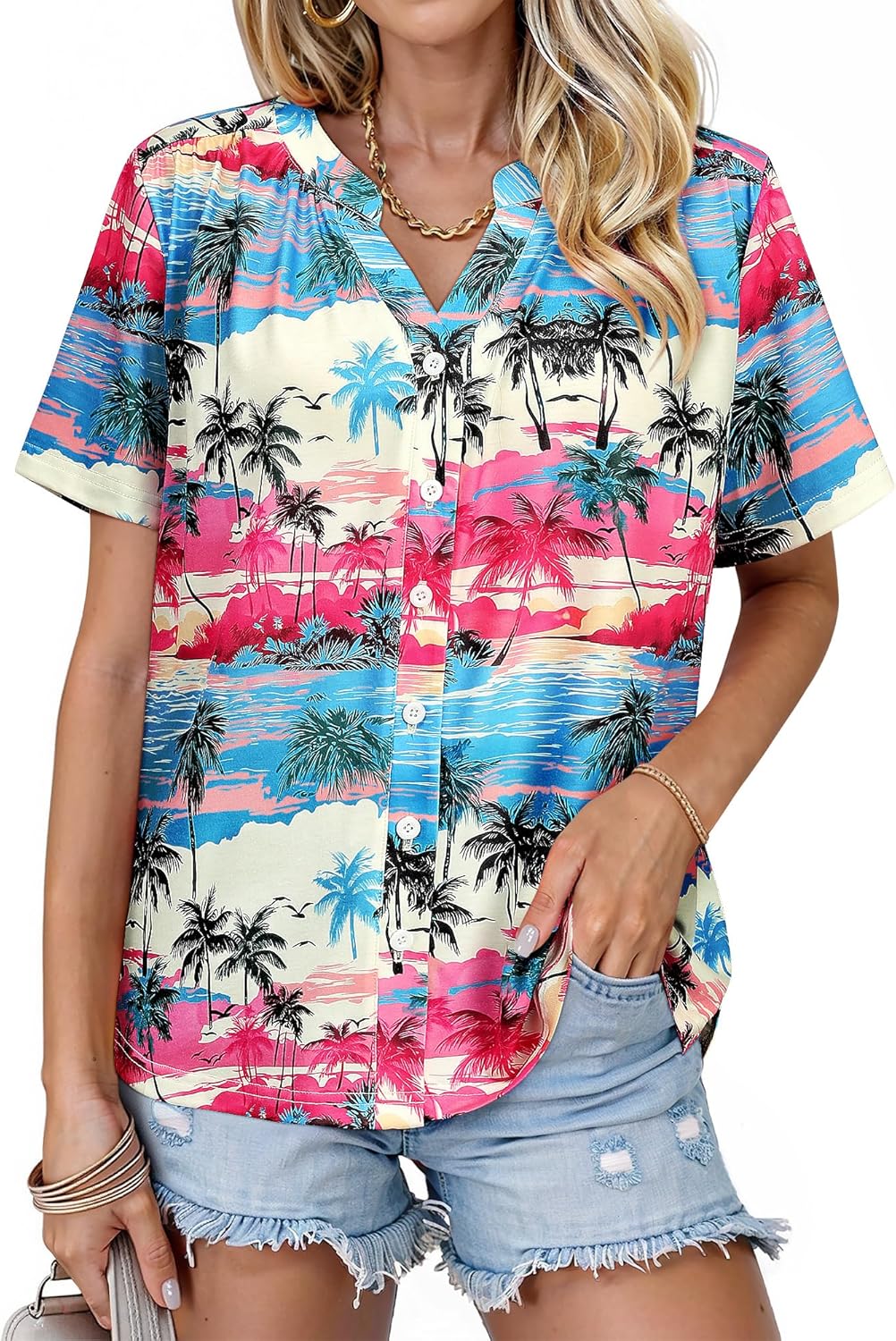 Thumbnail 5 de WIEIYM Women V Neck Pleated Puff Short Sleeve Floral T Shirt – Tropical Printed Blouse Top