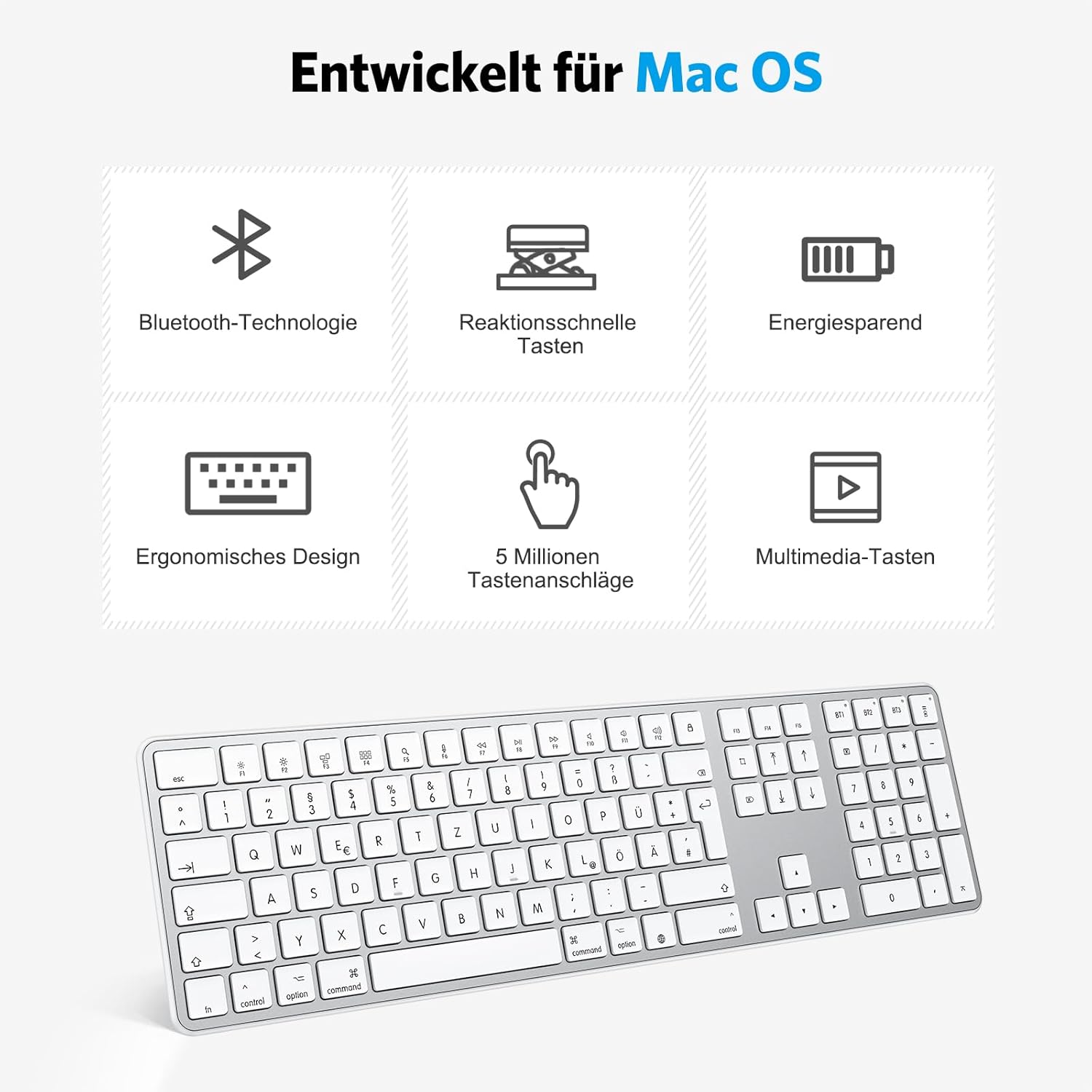 Thumbnail 5 de OMOTON Bluetooth Mac-Tastatur (kabellos, wiederaufladbar) mit 3 Bluetooth-Kanälen – QWERTZ DE für MacBook, iMac & Co.