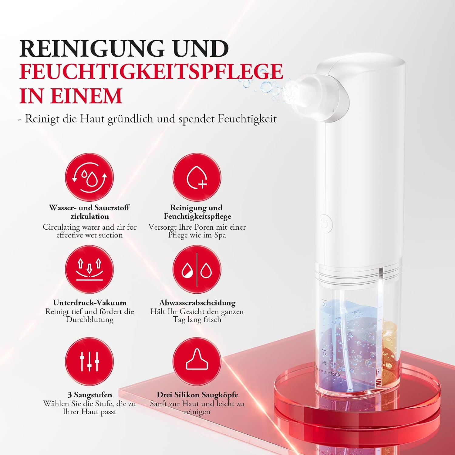 Detalle de ANLAN 2 in 1 Mitesserentferner Porenreiniger Gesicht – 3 Modi, 3 Saugköpfe, Wasser-Sauerstoff-Technologie