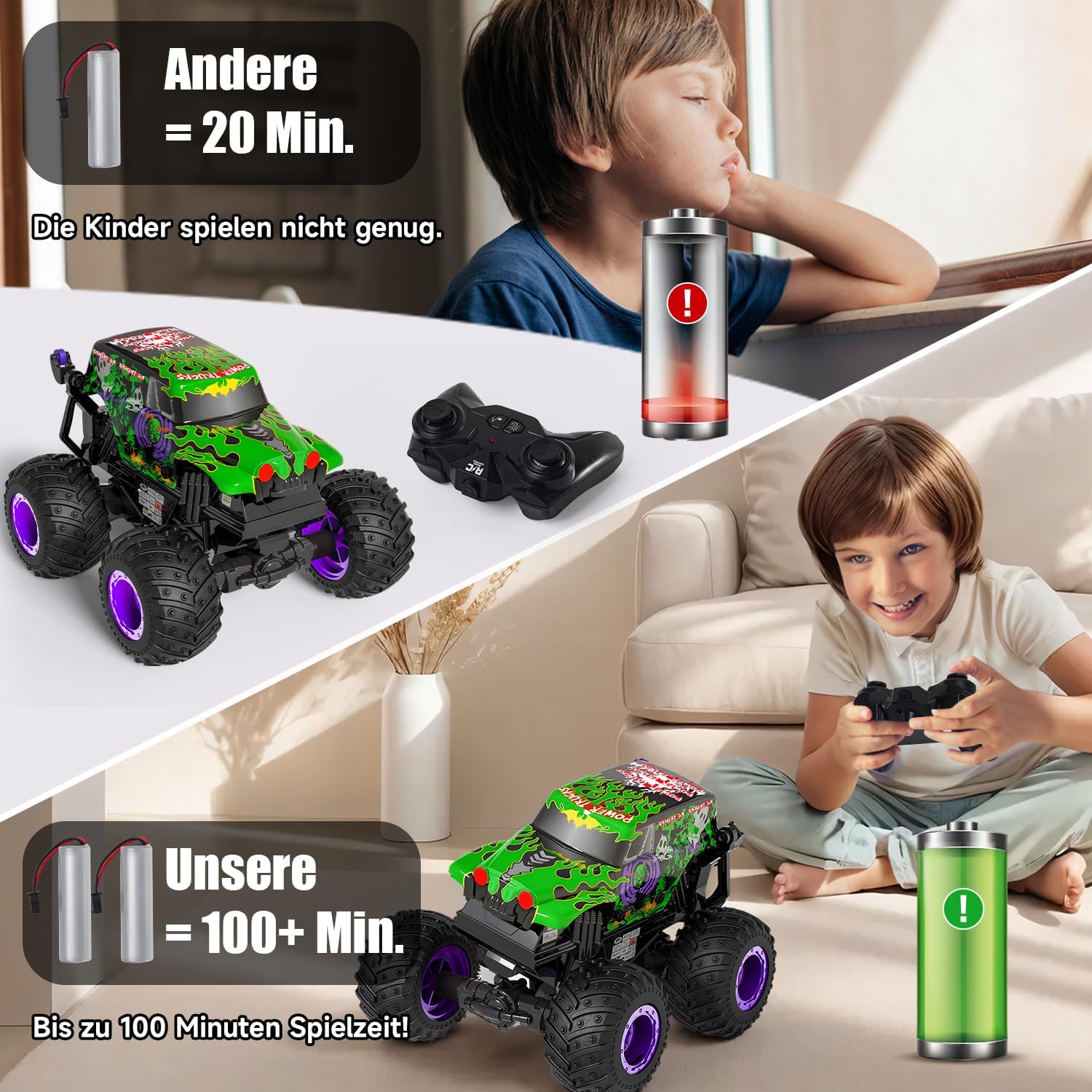 Detalle de Ferngesteuerter Monstertruck 20 km/h mit Licht & Musik (2,4 GHz, 360°-Drehung) – 1/20 RC Monstertruck