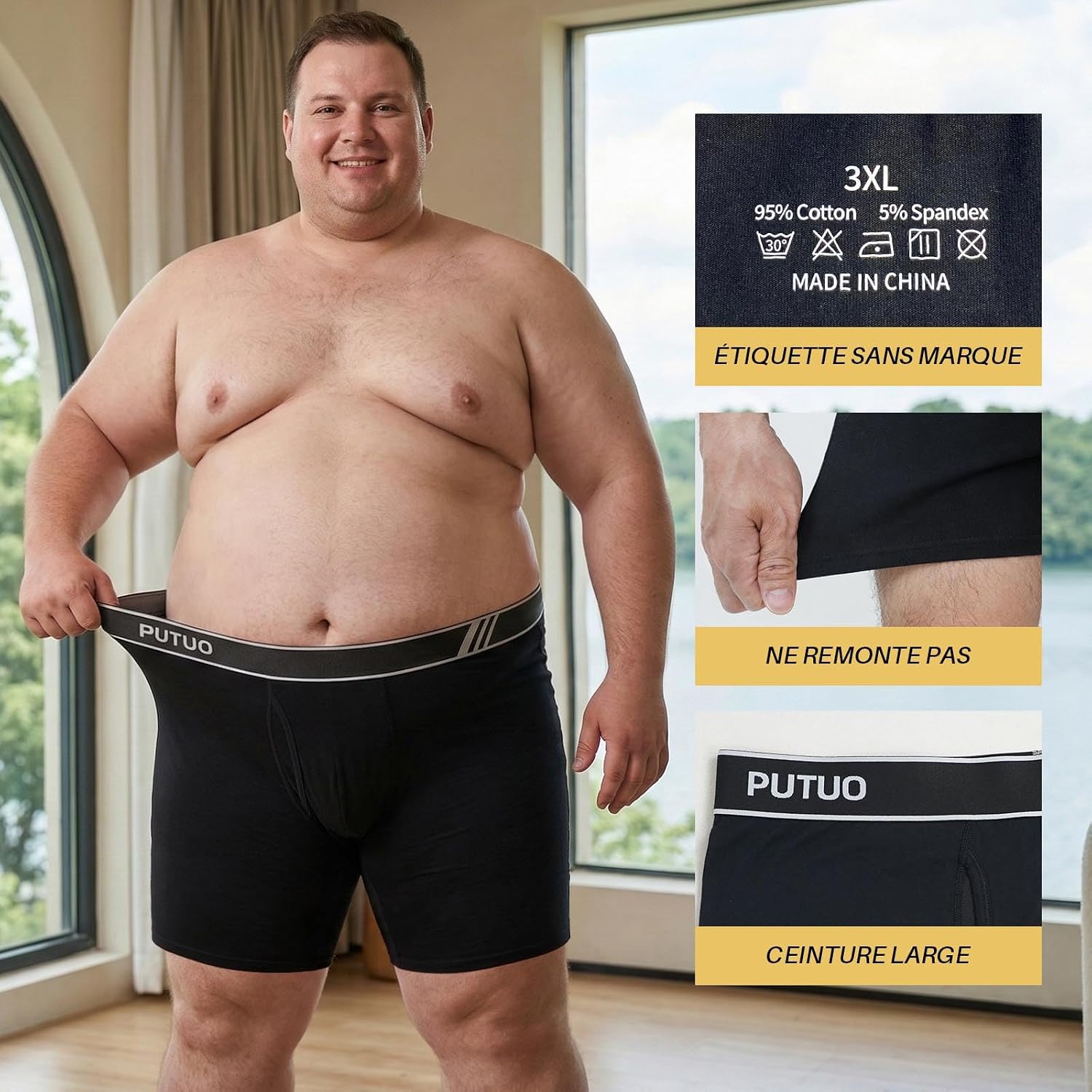 Thumbnail 3 de PUTUO Boxer Grande Taille pour Homme — Caleçon long en coton avec ouverture devant, ceinture large et multipack 4 paires (XL–5XL)