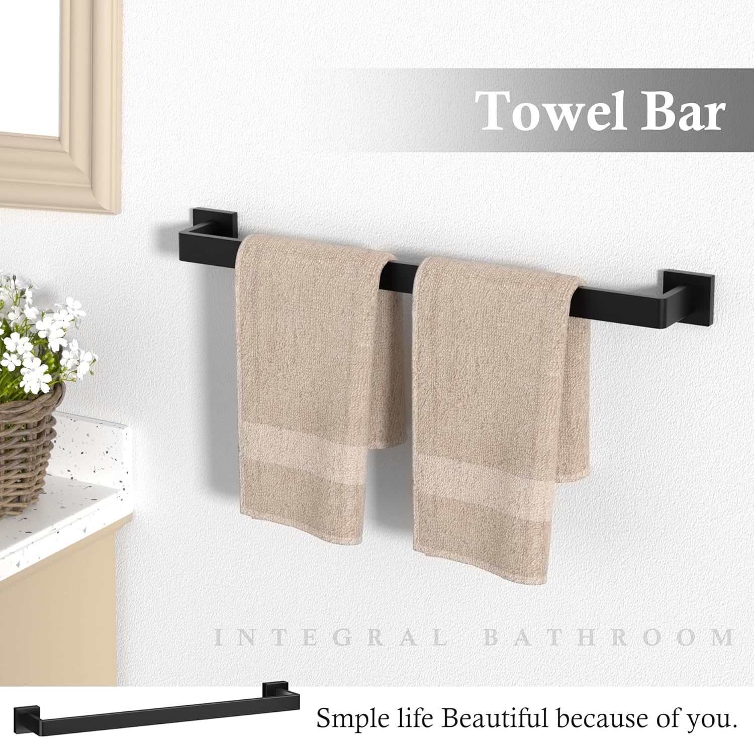 Thumbnail 2 de 10-Pieces Matte Black Bathroom Accessories Set (23.6-Inch Towel Bar)