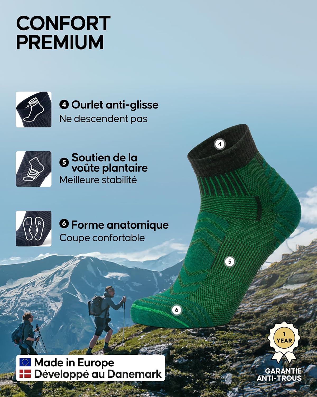 Thumbnail 2 de DANISH ENDURANCE Chaussettes de Randonnée en Laine Mérinos Légères – Unisex, Lot de 3