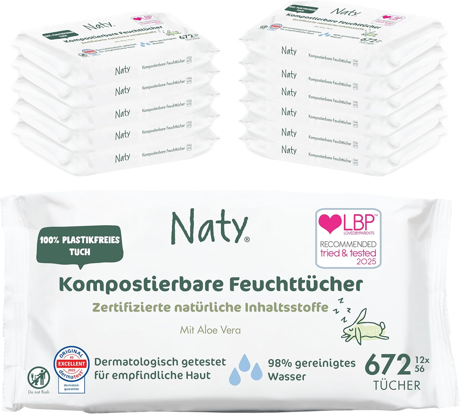 Detalle de Naty Baby Feuchttücher Aloe Vera – 672 Stück, 100% pflanzenbasiert, unparfümiert und plastikfrei