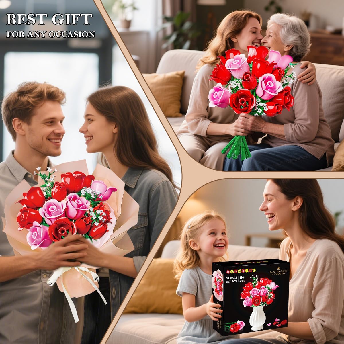 Thumbnail 6 de HOGOKIDS Blumenstrauß-Bausatz mit Lichtern – 16 künstliche Rosen, LED-Beleuchtung, 387 Teile (Rosa)