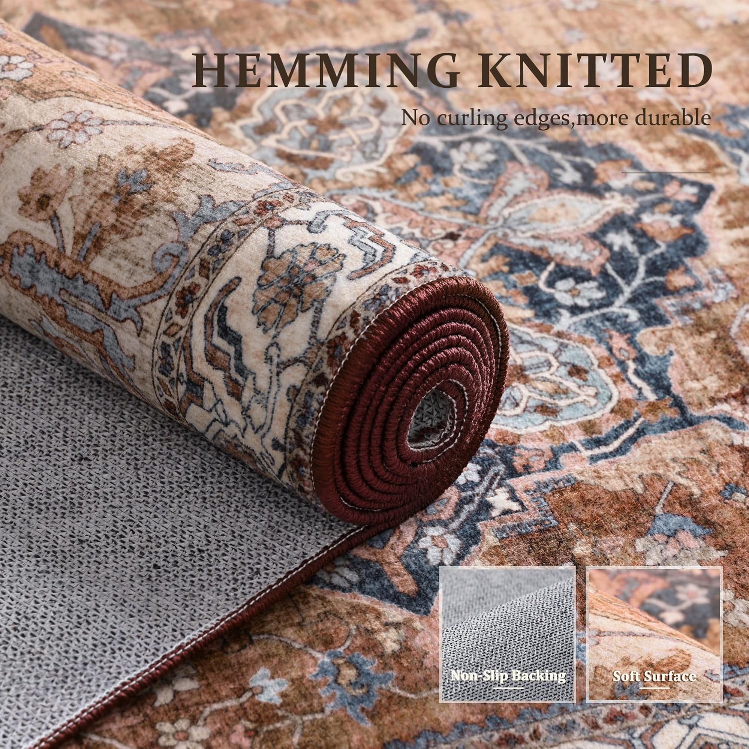 Thumbnail 5 de Deerly 6' x 9' Boho Area Rug, Brickred, Washable Low-Pile Design