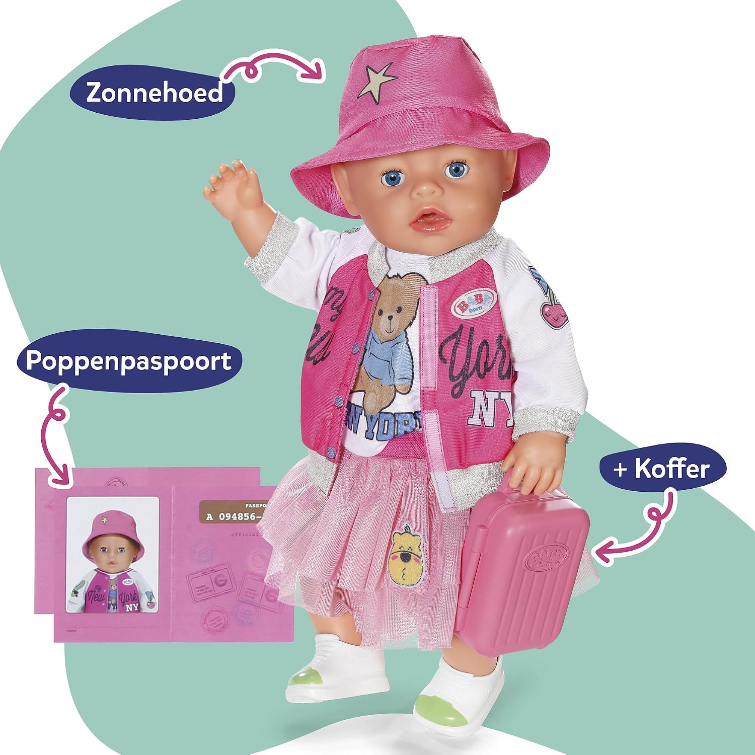 Detalle de BABY born Reisoutfit voor poppen van 43 cm met jurk en reisaccessoires