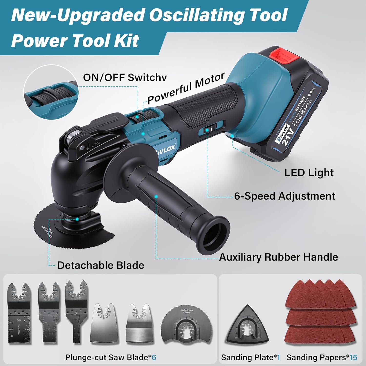 Thumbnail 1 de Rivlox Oscillating Multi Tool with 2x 4.0Ah Batteries – 680W, 6 Speeds, 4° Oscillation, Brushless, LED Light