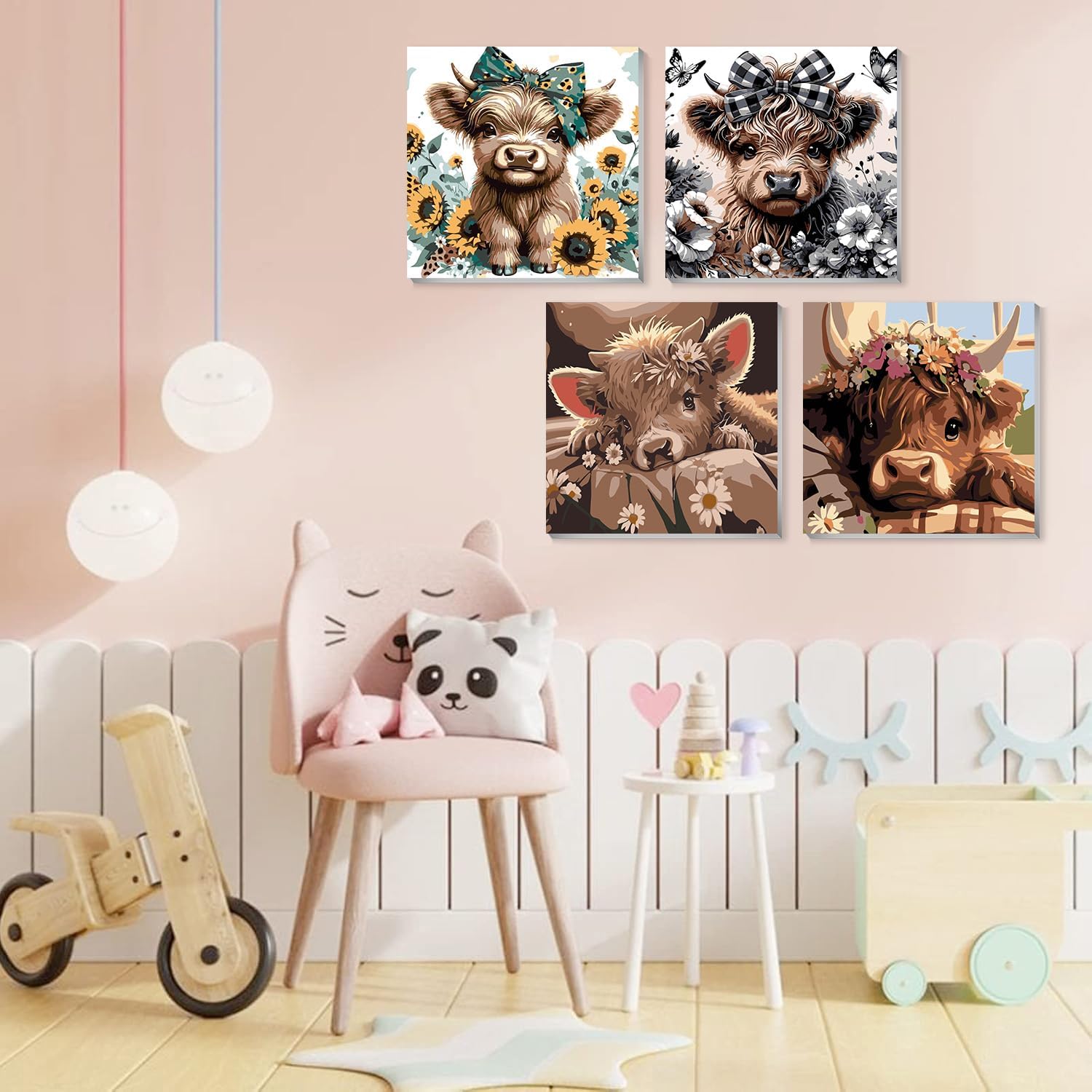 Detalle de mrpwnle Highland Cow Paint-by-Number Kit, 4 Framed Canvases with Acrylic Paints