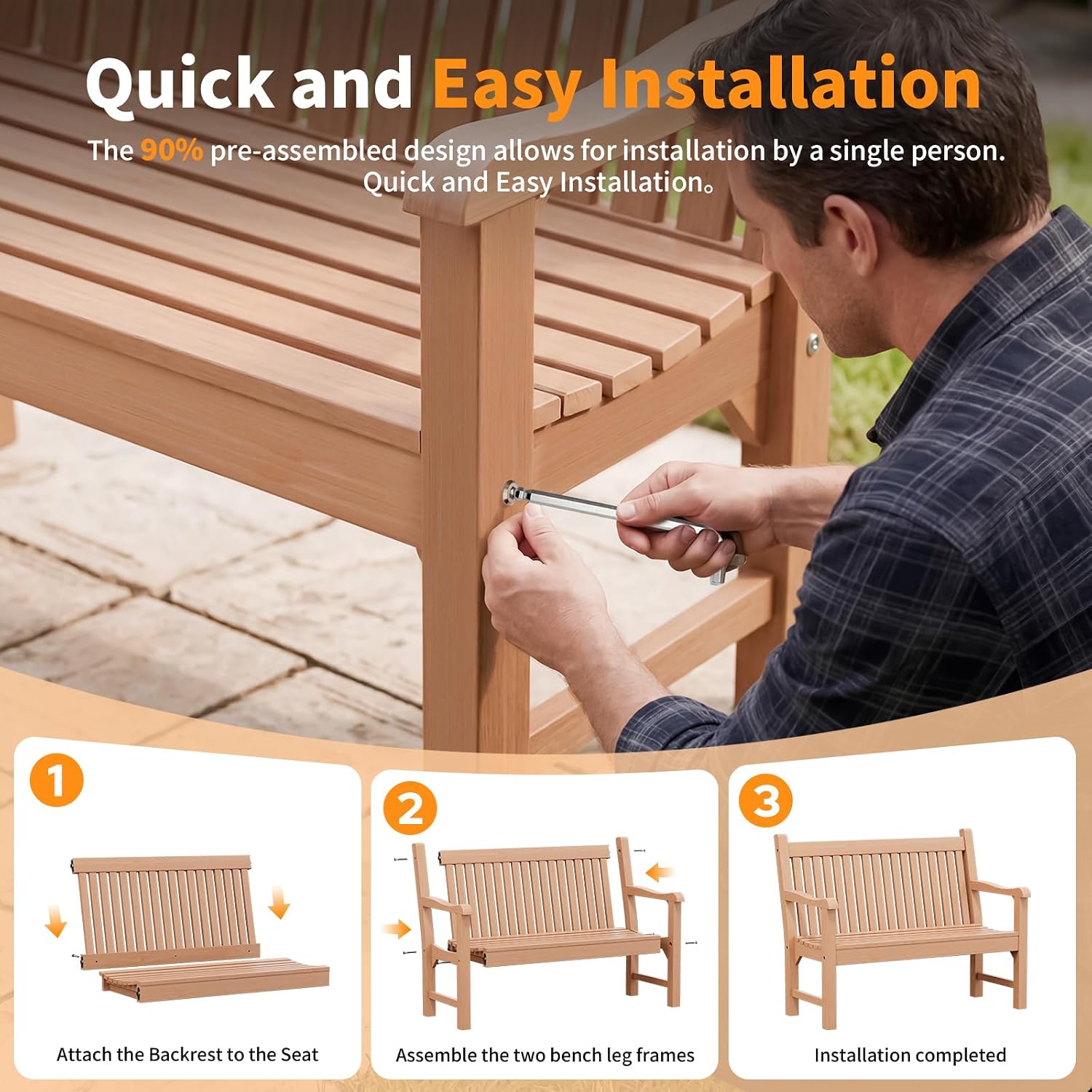 Detalle de Psilvam MTOB01 Outdoor Bench for Two, Teak Color, 700 lb Capacity
