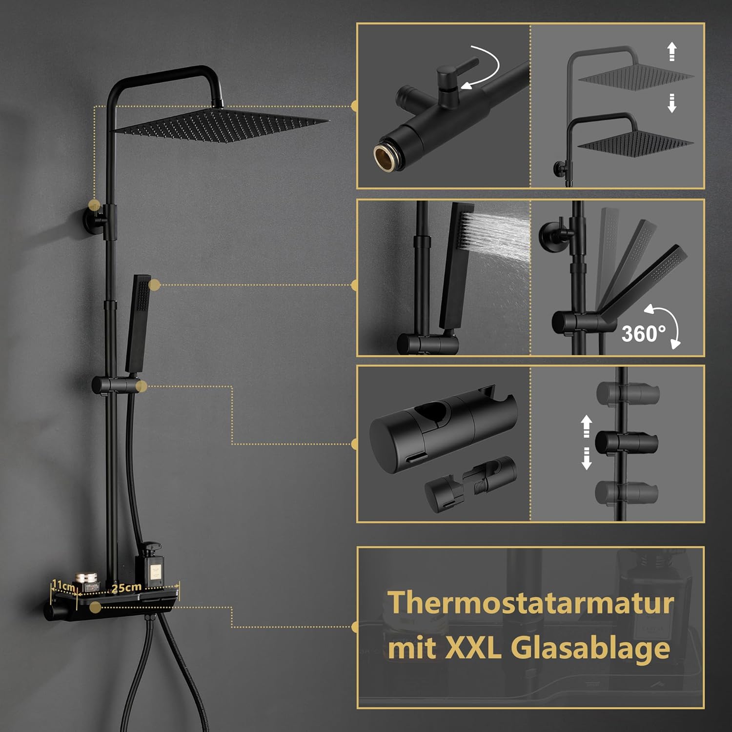 Thumbnail 4 de Colonna doccia Görbach Nero con termostatico in acciaio inox 304 e soffione 20×20 cm