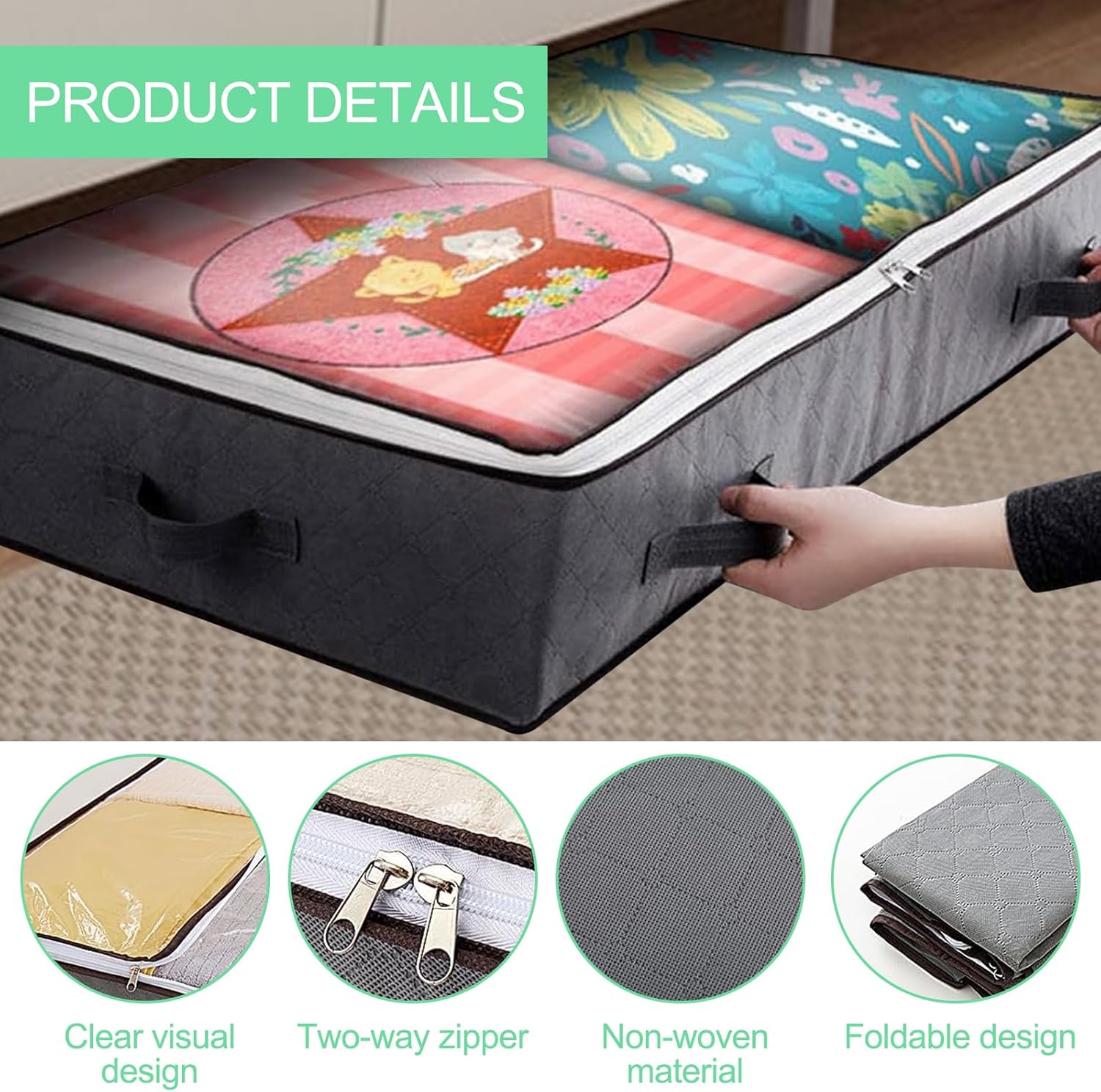 Thumbnail 5 de Lixiluxia 3er Set Unterbett-Aufbewahrungsboxen (Vlies) mit Fenster & Faltfunktion – 99 x 49,5 x 15 cm