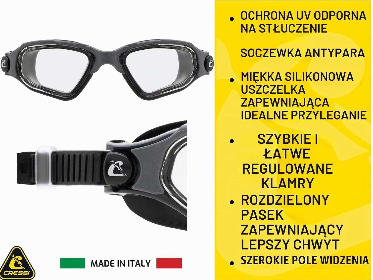 Detalle de CRESSI Clear Eyes – okulary pływackie z silikonową uszczelką i powłoką przeciwmgielną
