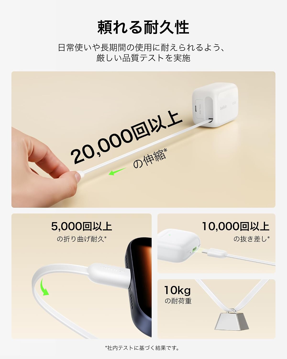 Detalle de Belkin UltraCharge GaN 67W USB-C急速充電器、巻き取り式ケーブル内蔵・2台同時充電