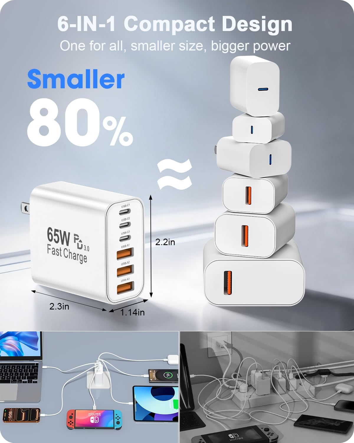 Detalle de 2-Pack 65W 6-Port USB-C Charger Block: Fast, Flexible Charging for Your Tech Stack