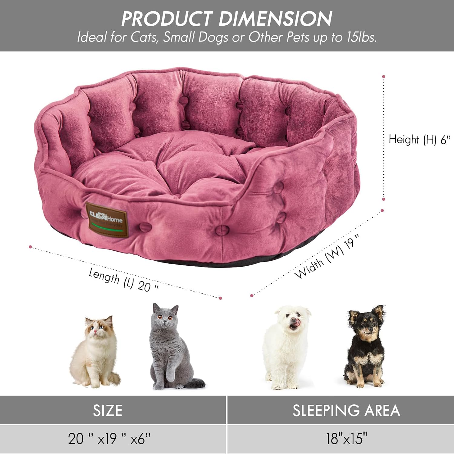 Thumbnail 4 de ClevaHome Panier pour Chats et Petits Chiens Jusqu’à 7 kg – Lit Rond Doux, Lavable en Machine, Rose Prune