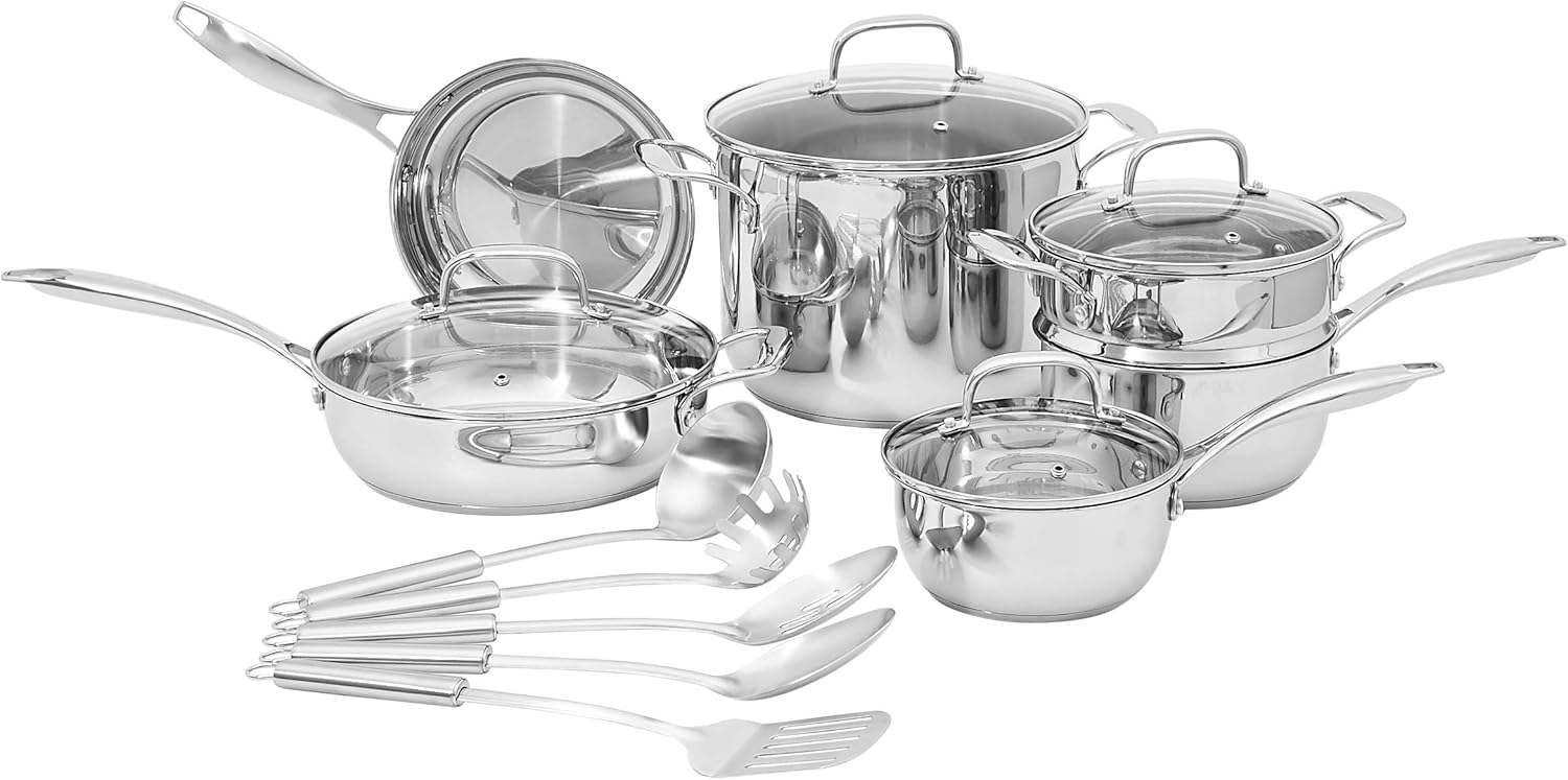 Amazon Basics Kochgeschirr-Set, Edelstahl, 15 Stk. – Pfannen, Töpfe und Utensilien