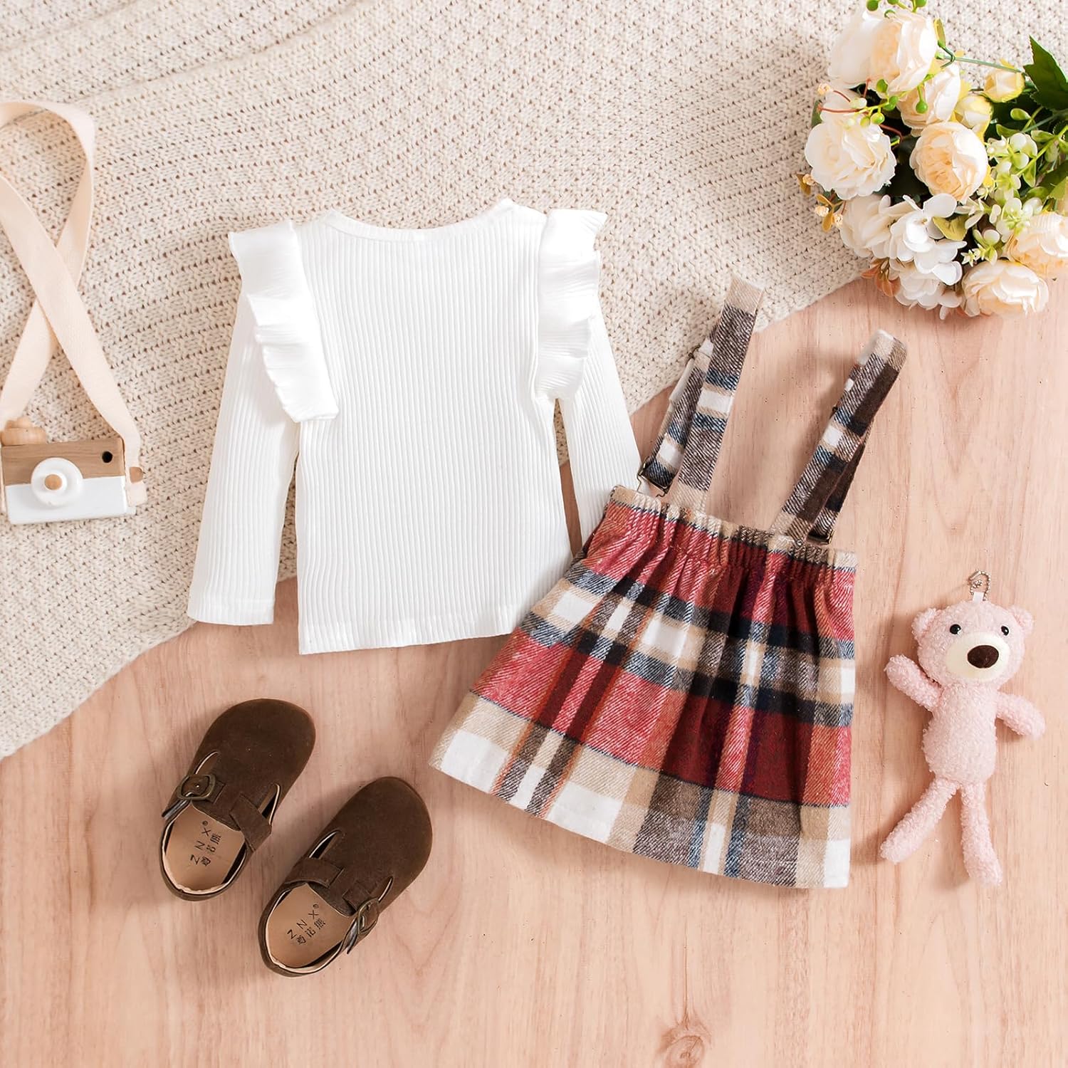 Thumbnail 2 de HPSOM Toddler Baby Girl Skirt Set: Long Sleeve Ruffled Top with Plaid Suspender Skirt