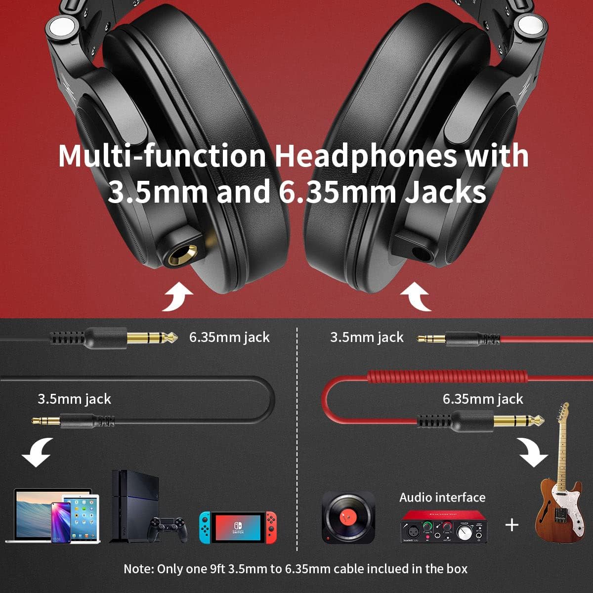 Detalle de OneOdio A71 Wired Studio Headphones, 40 mm Drivers, Foldable Red Design