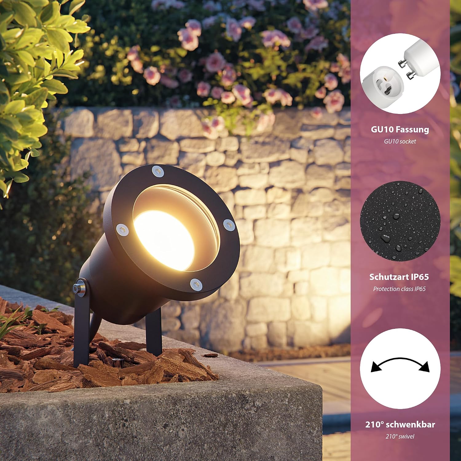 Detalle 2 de Ledscom.de 3x Faretto da Giardino DUK per Esterni IP65 - Spina Schuko, Nero, GU10
