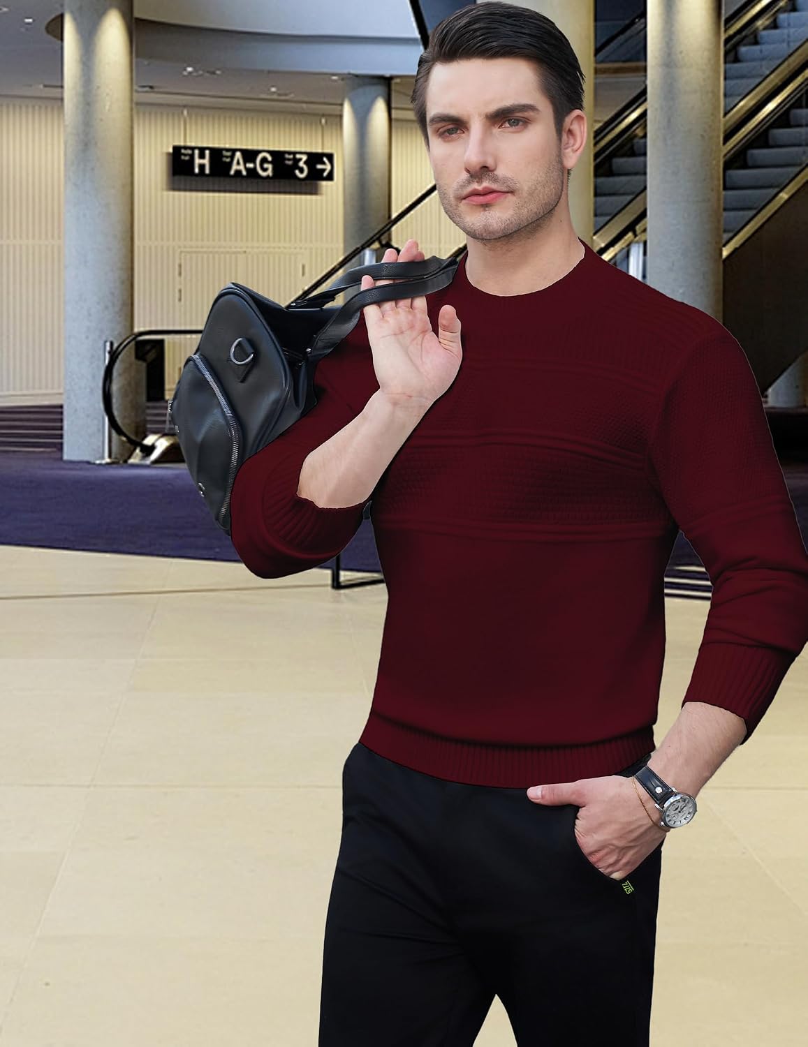 Detalle de MLANM Men's Turtle Neck Ribbed Knit Jumper – Slim Fit, Long Sleeve