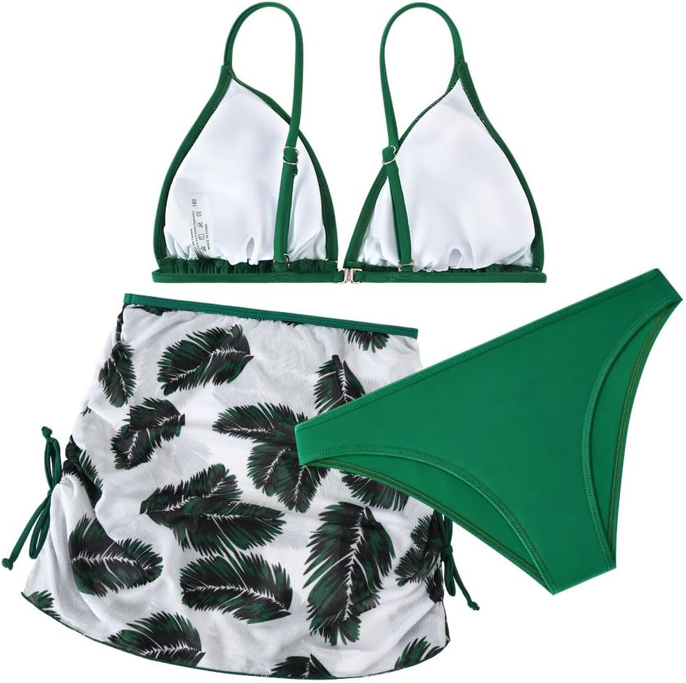 Thumbnail 2 de Aolso Girls’ Swimsuit Set, 3 Bikini Tops, Tanga Bottom with Skirt, Blue/Green