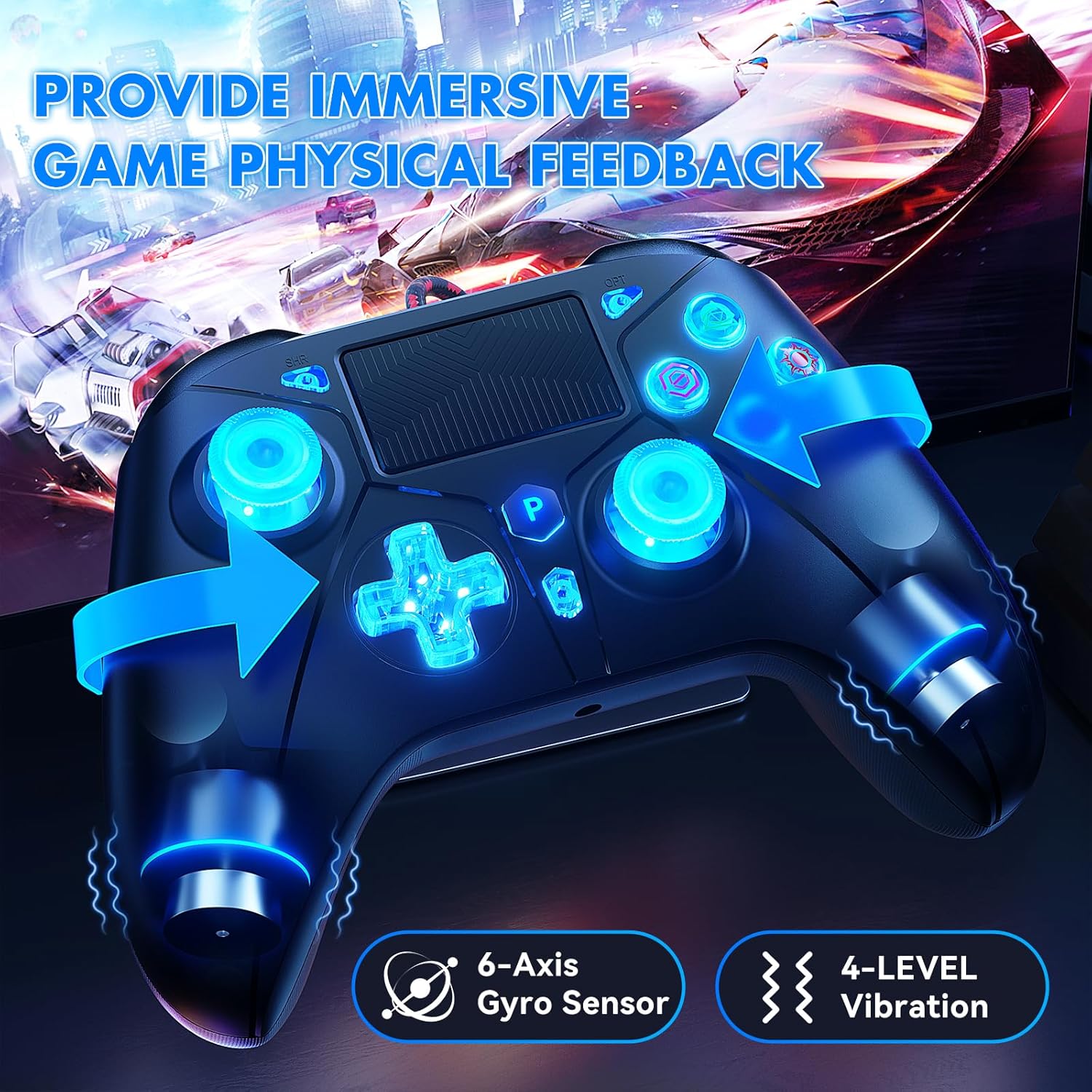Detalle 2 de Dinosoo RGB Wired Controller for PS5/PC/PS-4 (Black) with 3.5mm Audio Jack