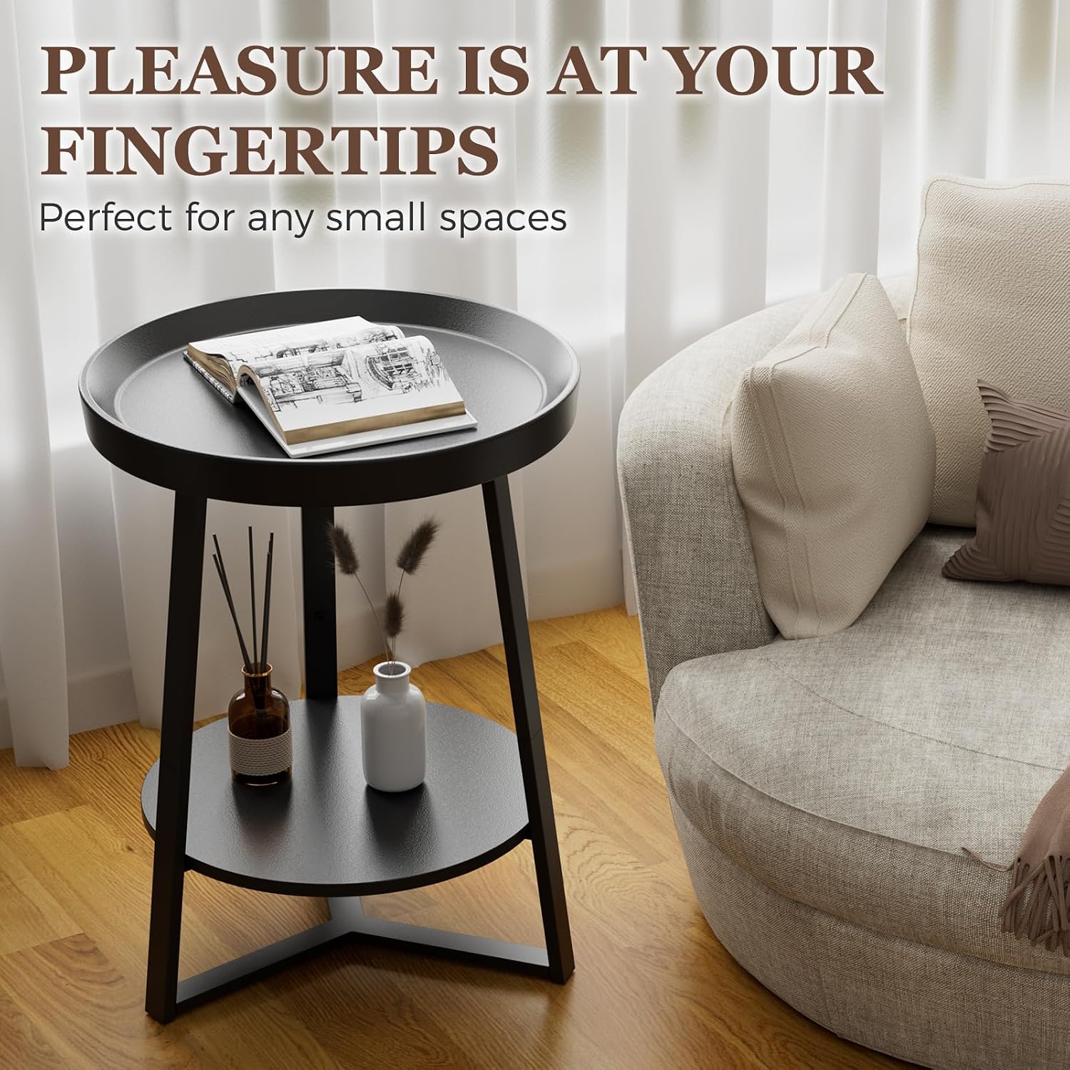 Thumbnail 6 de Gadroad 02ST024A Round End Table, Two-Tier Storage, Black Metal Frame