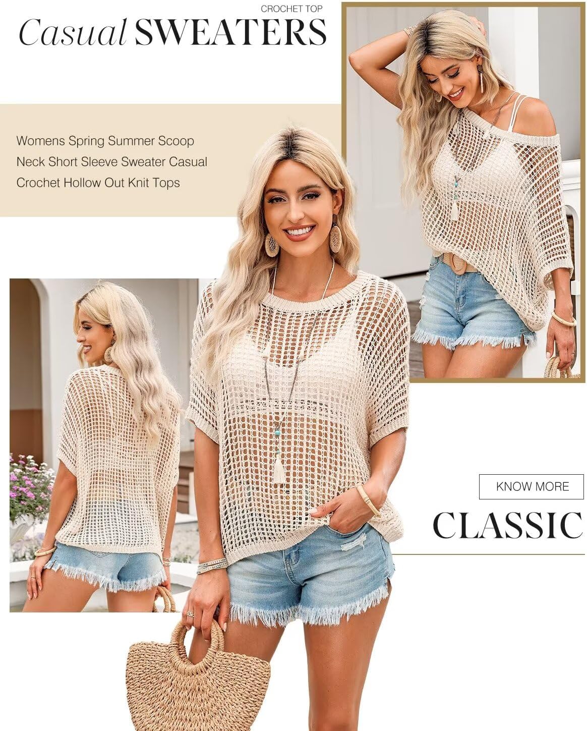 Detalle de Dokotoo Women’s Summer Scoop Neck Crochet Hollow-Out Knit Pullover (Short Sleeve Beach Coverup)