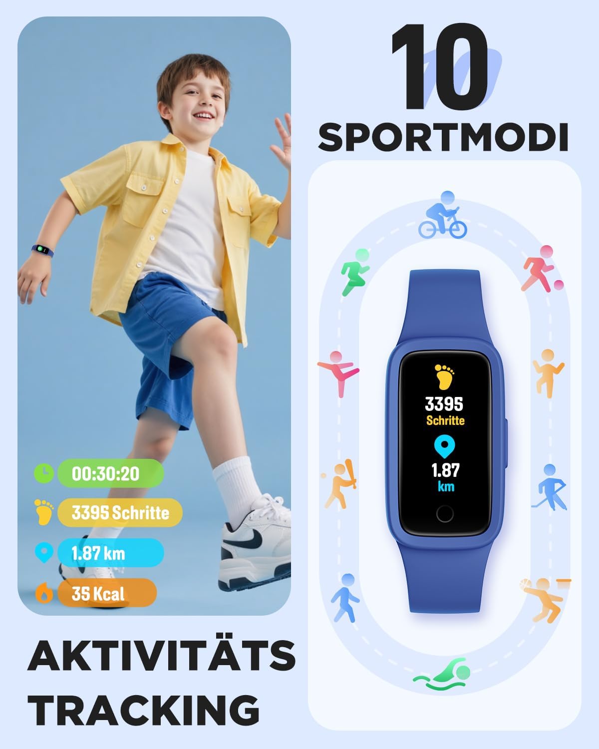 Detalle 2 de BIGGERFIVE Vigor 3 Kinder Fitness Armband Uhr – AMOLED Display, 3ATM, Schlaftracker, pulsuhren-für-Kinder 5–12 Jahre, Blau