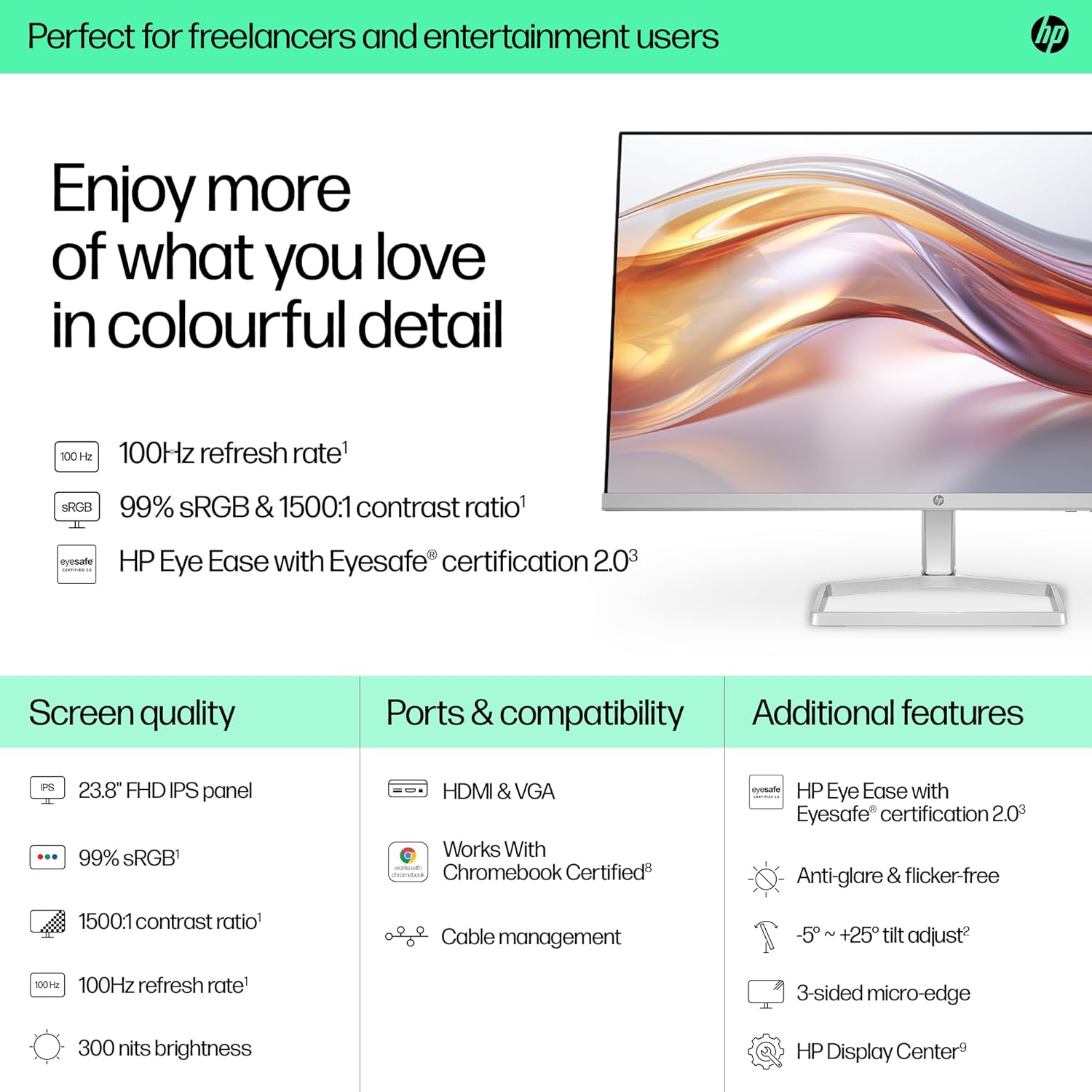 Detalle de HP Series 5 23.8" FHD Height Adjust Monitor (524sh) with 100Hz Refresh Rate