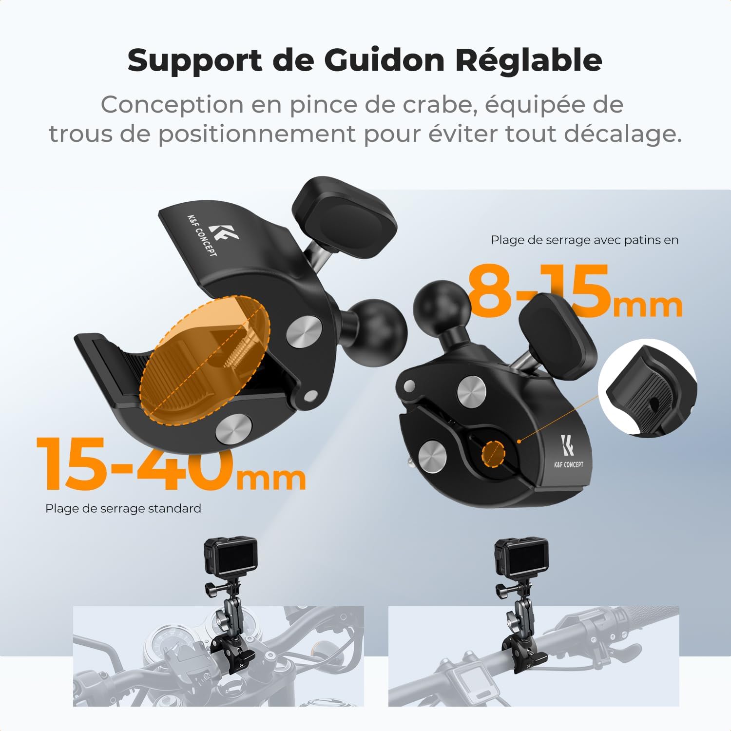 Detalle de K&F CONCEPT Support Super Pinces double rotule 360° pour caméra d’action (guidon vélo/moto)