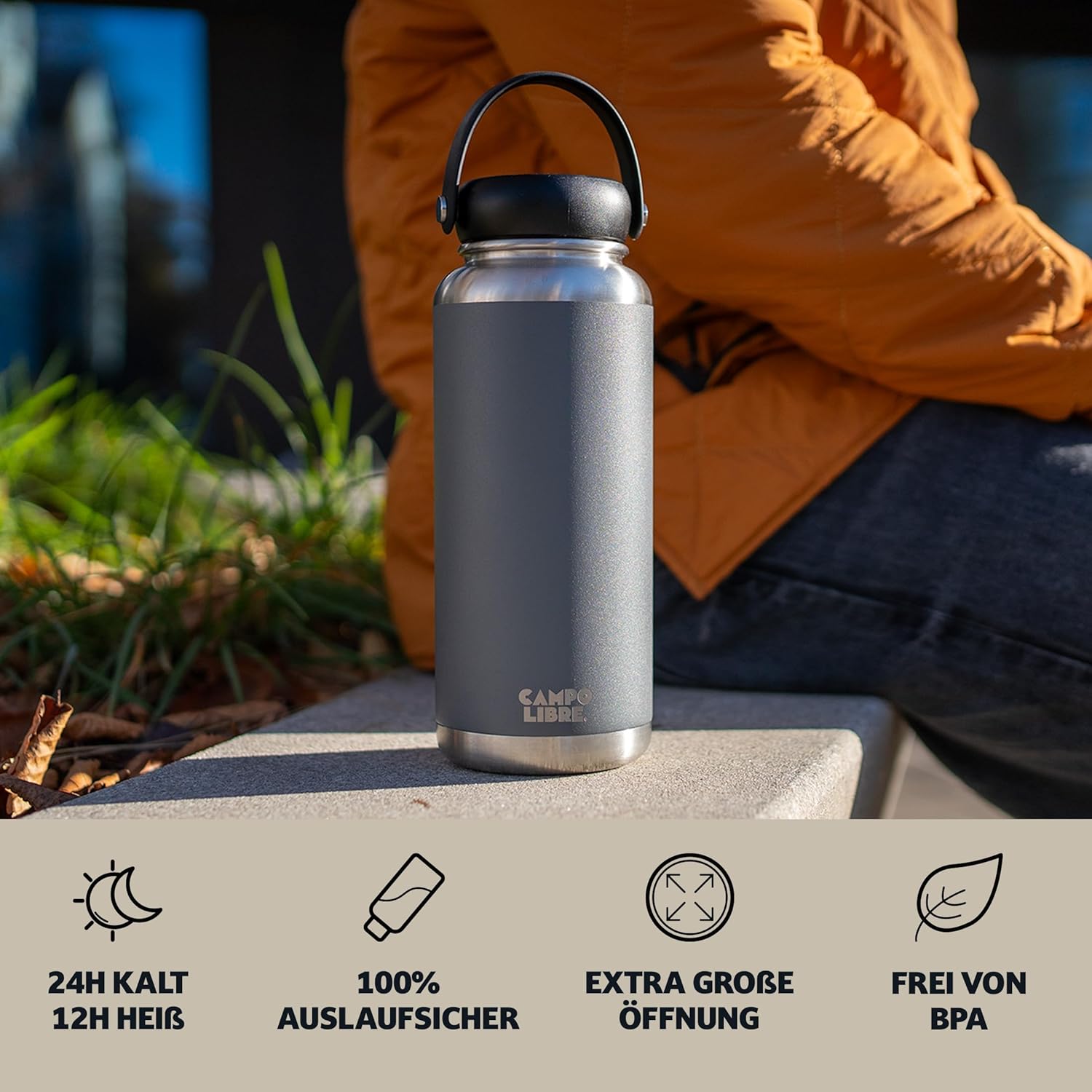 Thumbnail 2 de Campo Libre Umberto Premium Edelstahl Thermoskanne/Trinkflasche – 1 l, 12h heiß & 12h kalt, auslaufsicher