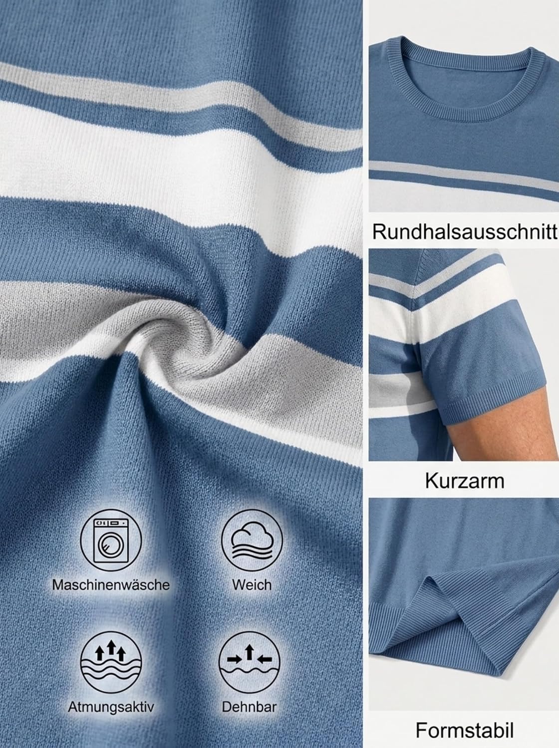 Detalle de Aulemen Herren Strick Kurzarm Streifen-T-Shirt – Regular Fit, bügelfrei & knitterfrei