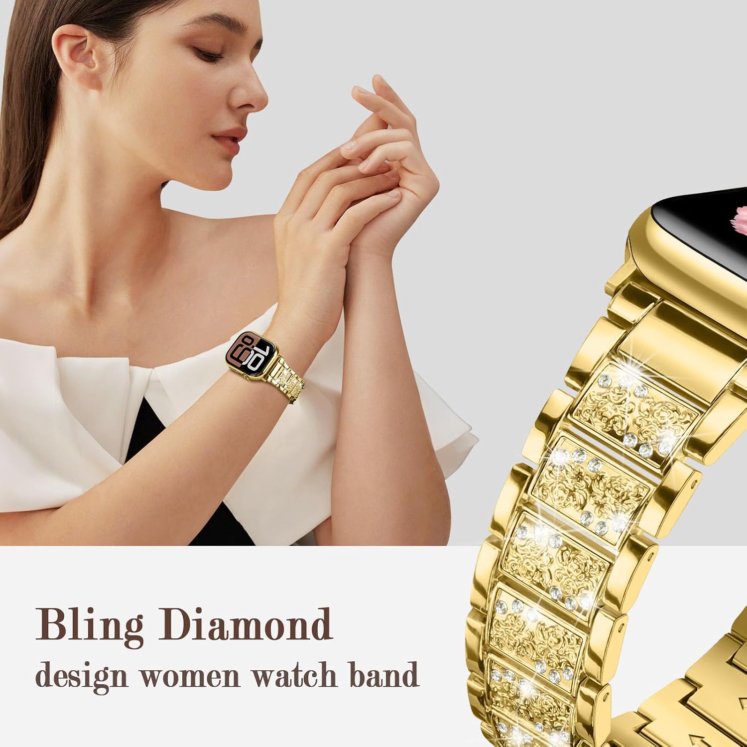 Thumbnail 1 de Sixmoat Bling Diamond metal strap for Apple Watch (Gold) – women’s replacement for 42mm/44mm/45mm/46mm/49mm
